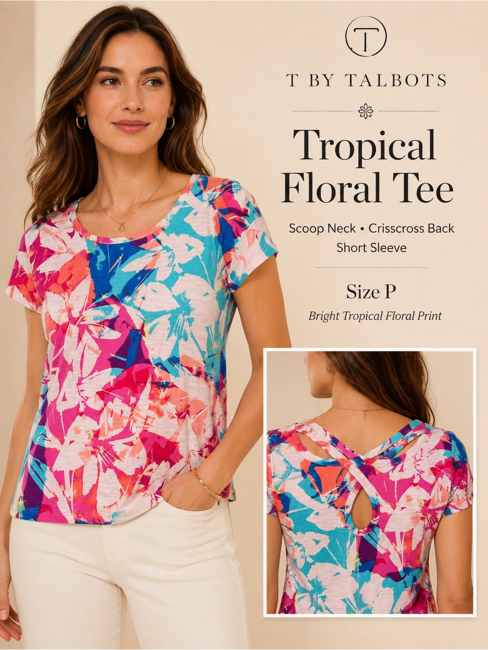 T by Talbots Tropical‎ Floral Print Scoop Neck Crisscross Back Short sleeve Tee